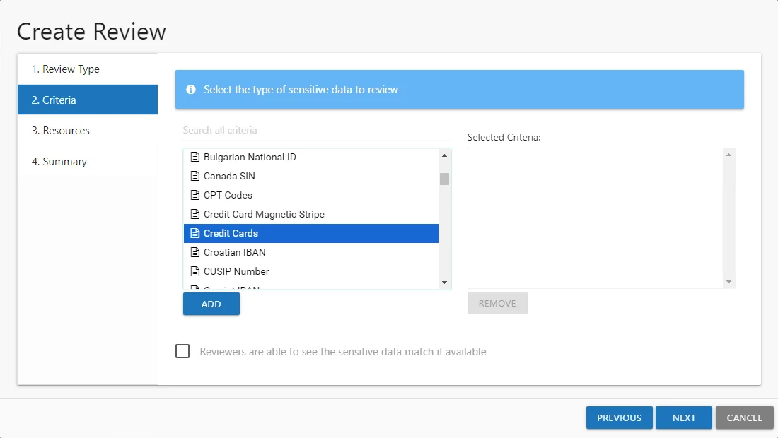 Create Review wizard Criteria page