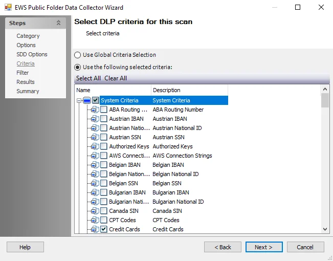 EWS Public Folder Data Collector Wizard Criteria page