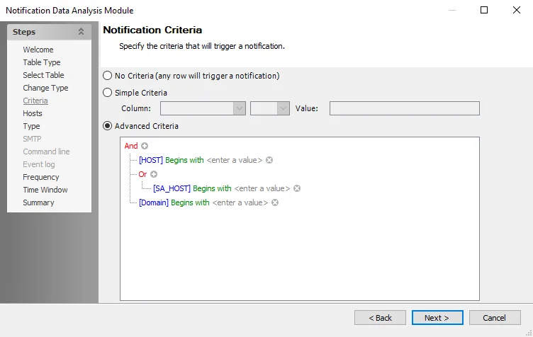 Notification Data Analysis Module wizard Criteria page