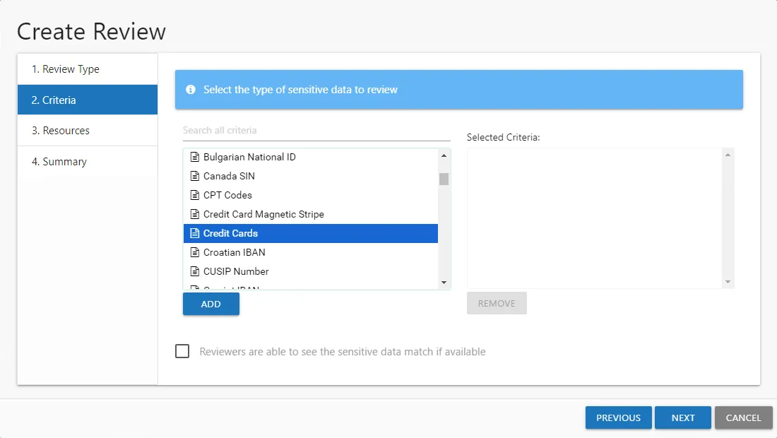 Create Review wizard Criteria page