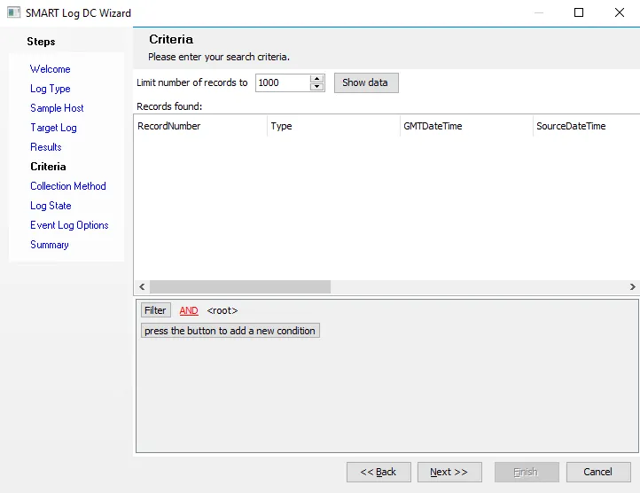 SMART Log DC Wizard Criteria page