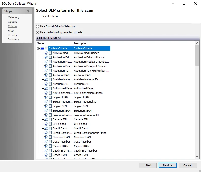 SQL Data Collector Wizard Criteria page