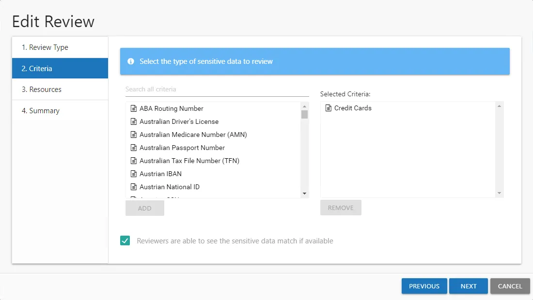Edit Review wizard Criteria page