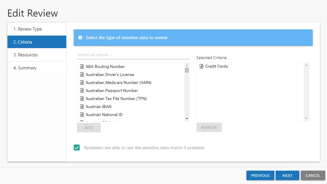 Edit Review wizard Criteria page
