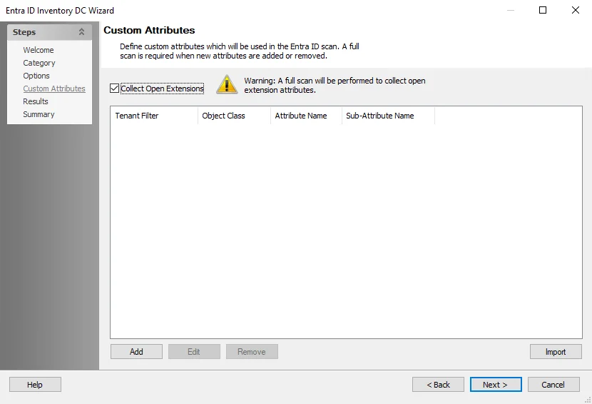 Entra ID Inventory Data Collector Wizard Custom Attributes page