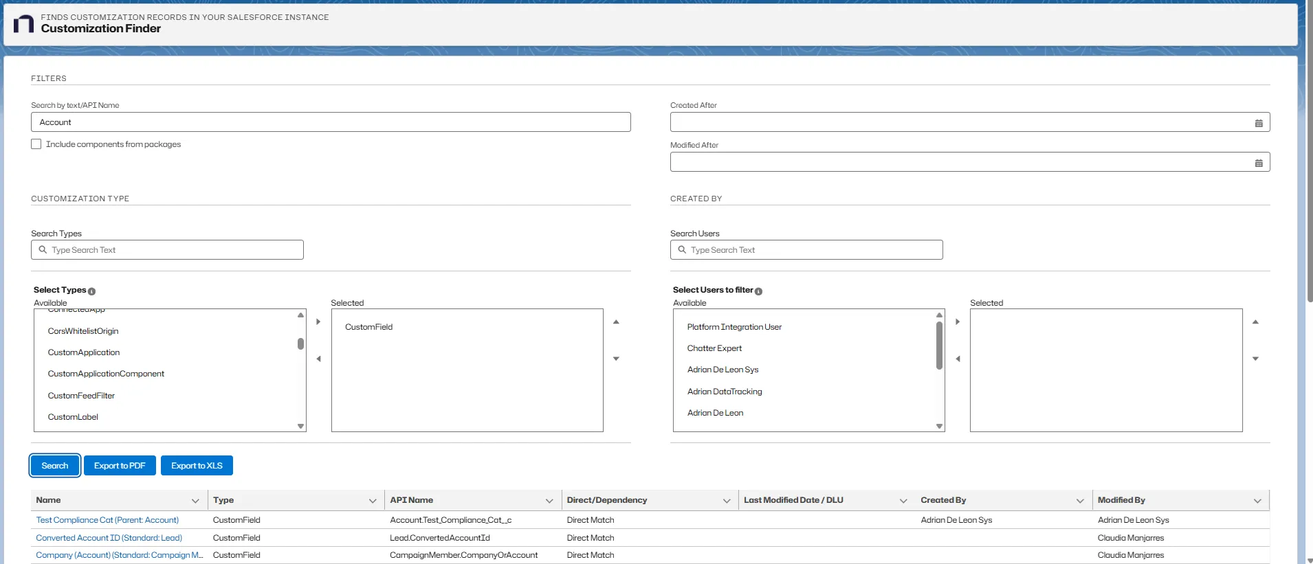 Customization Finder Results