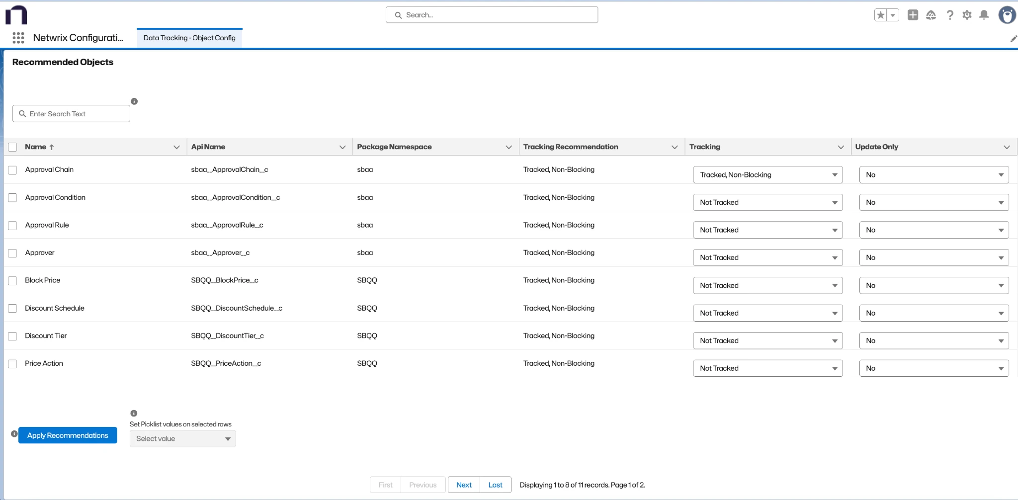 Review the recommended objects for data tracking