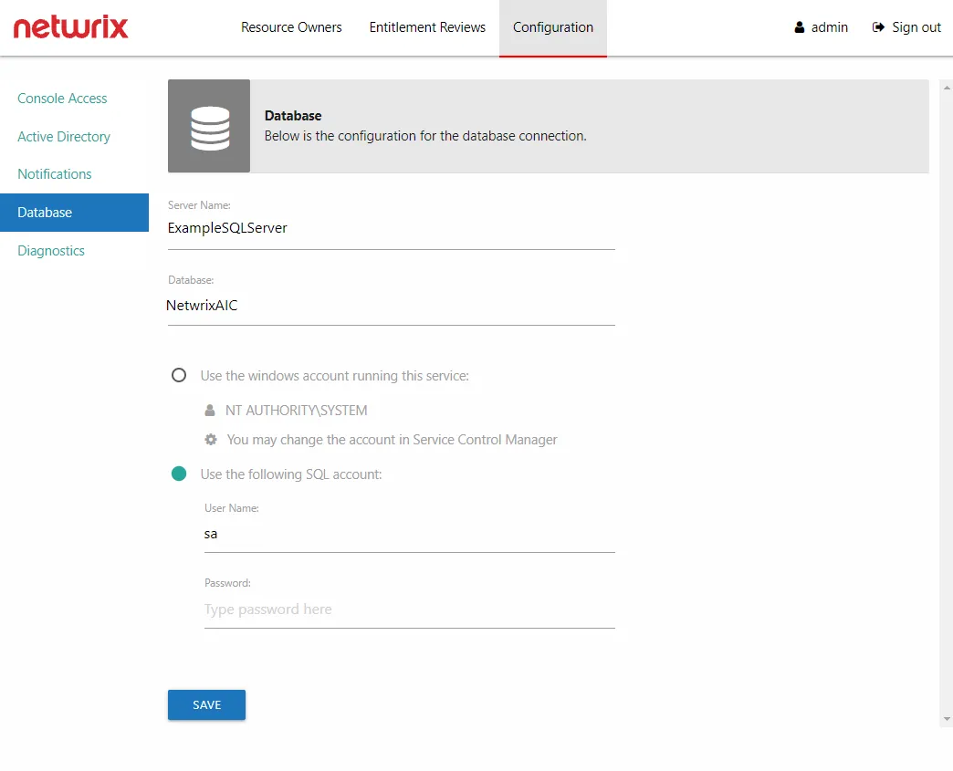 Configuration interface showing the Database page