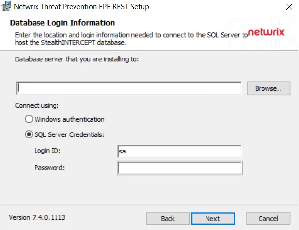 Netwrix Threat Prevention EPE Rest Setup wizard - Database Login Information page