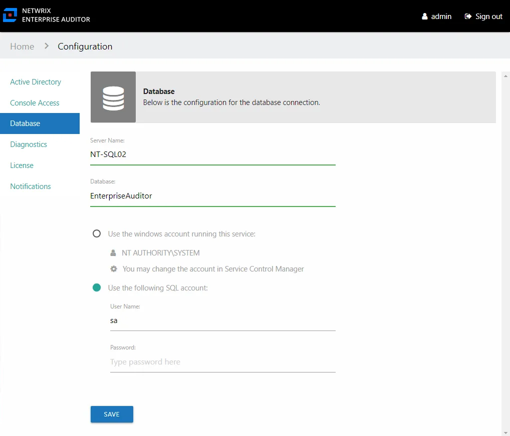 Configuration interface showing the Database page