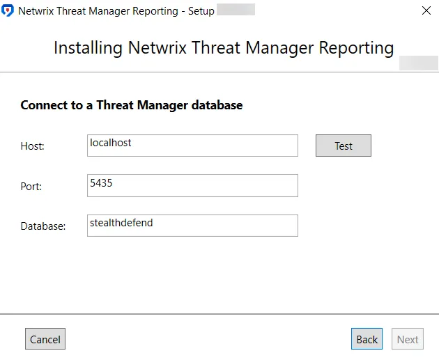 Netwrix Threat Mannager Reporting Setup wizard on the Database page