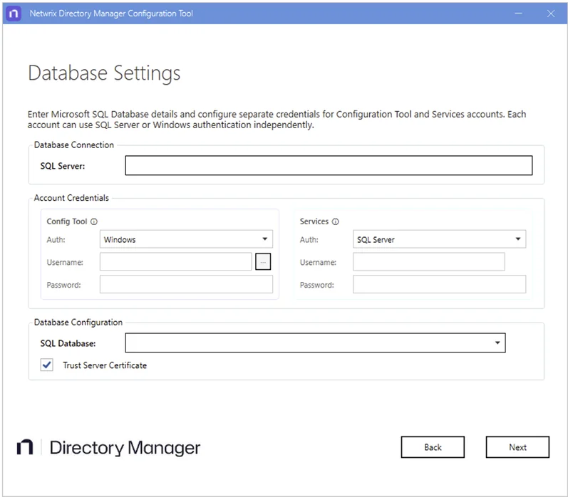 Database Settings page