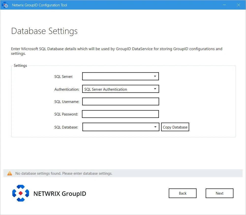 Database Settings page