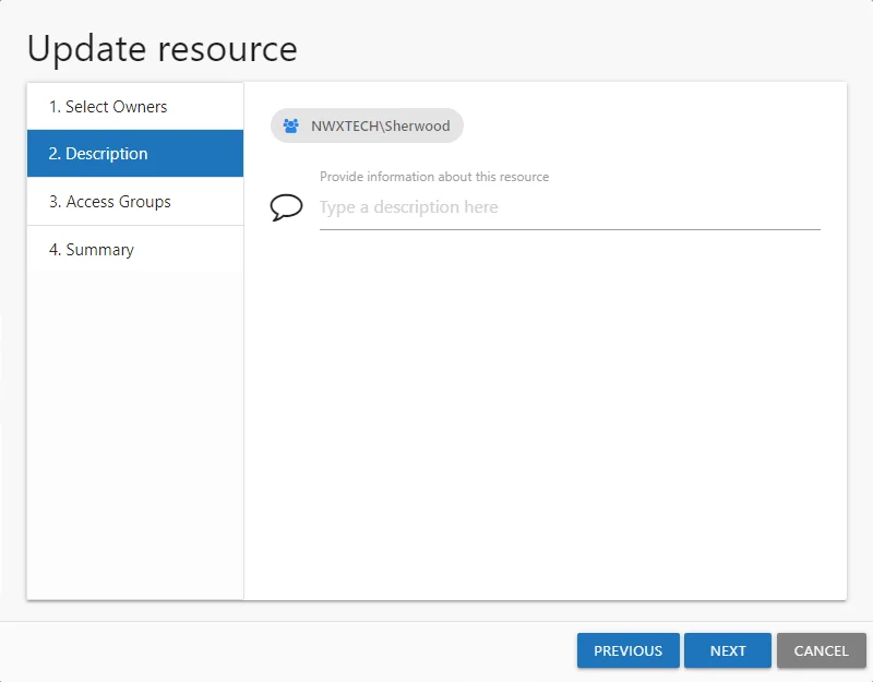 Update resource wizard showing 2. Description page