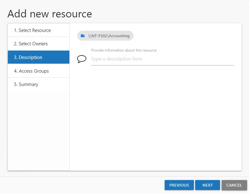 Add new resource wizard showing 3. Description page