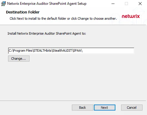SharePoint Agent Setup Wizard Destination Folder page