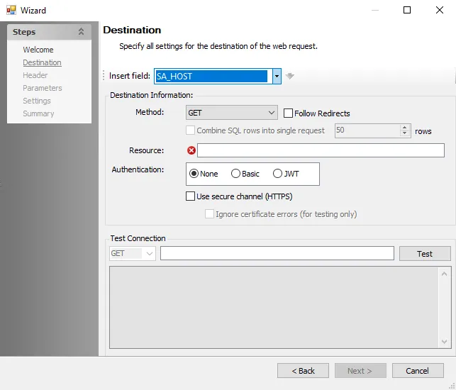 Web Request Action Module Wizard Destination page