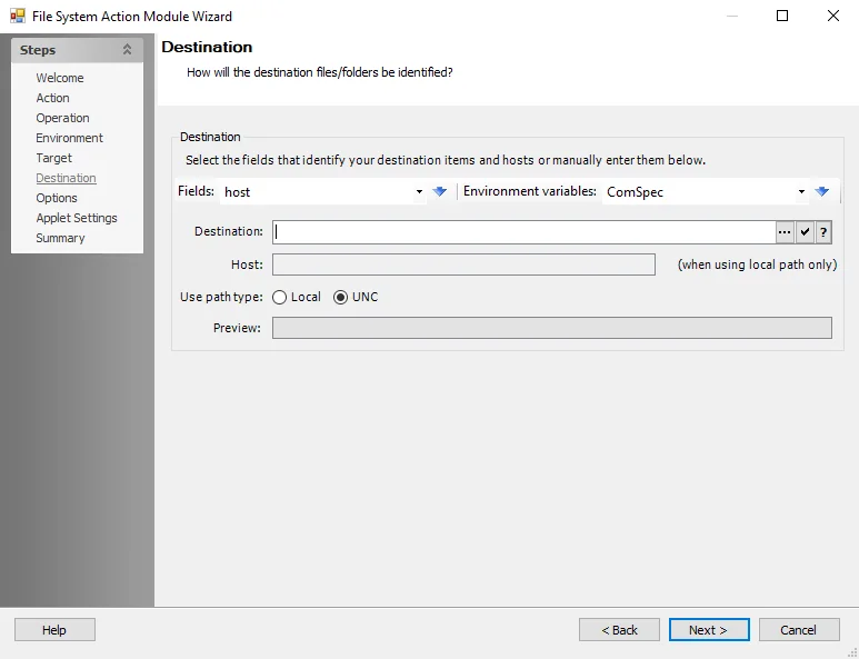 File System Action Module Wizard Destination page