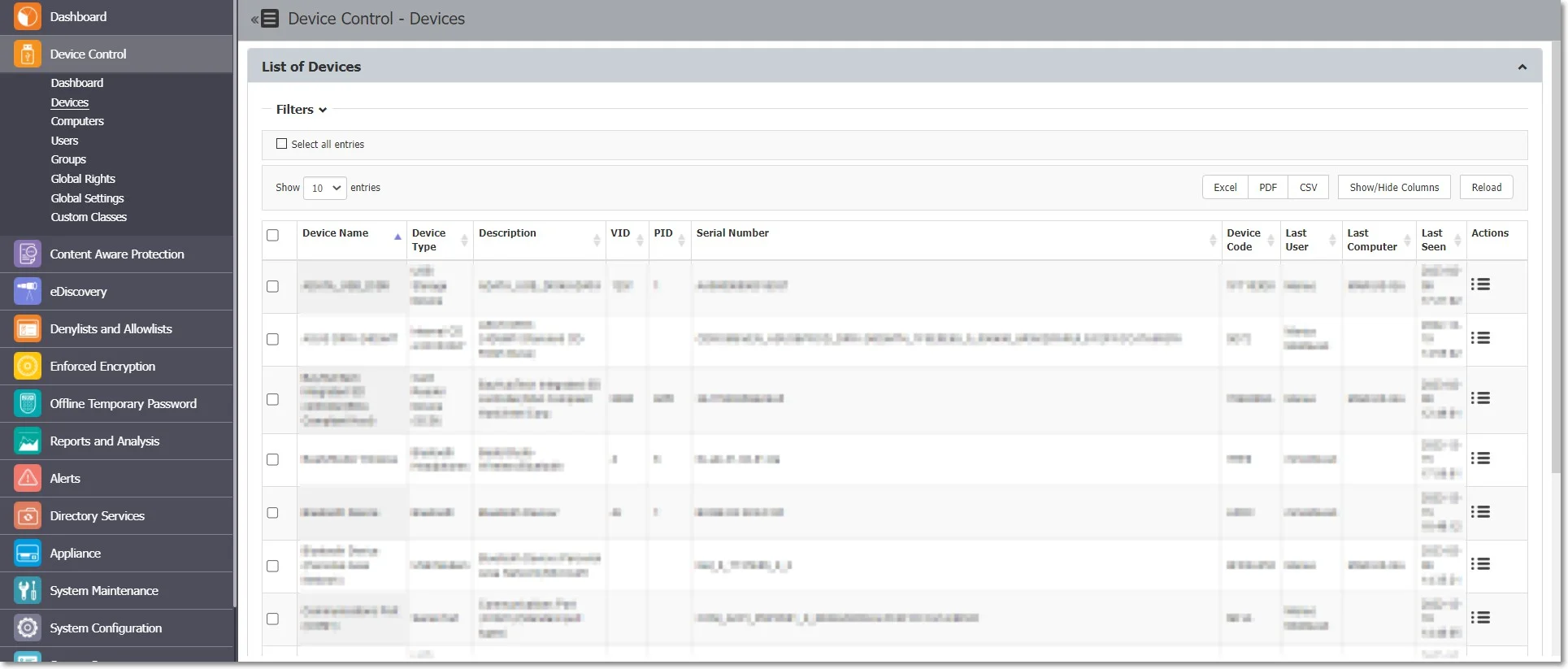 View, sort, and export in Excel, PDF or CSV format any devices from the system