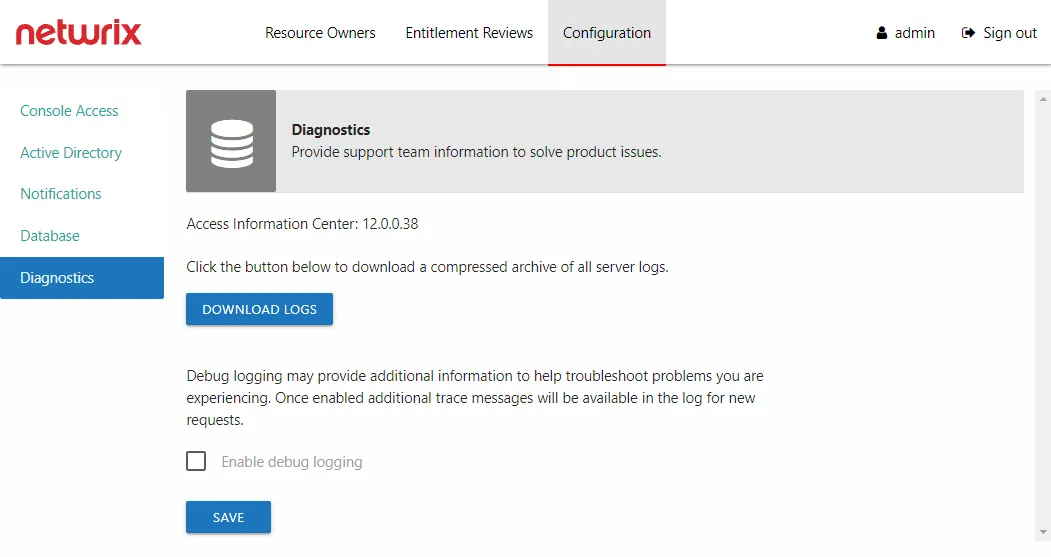 Configuration interface showing the Diagnostics page