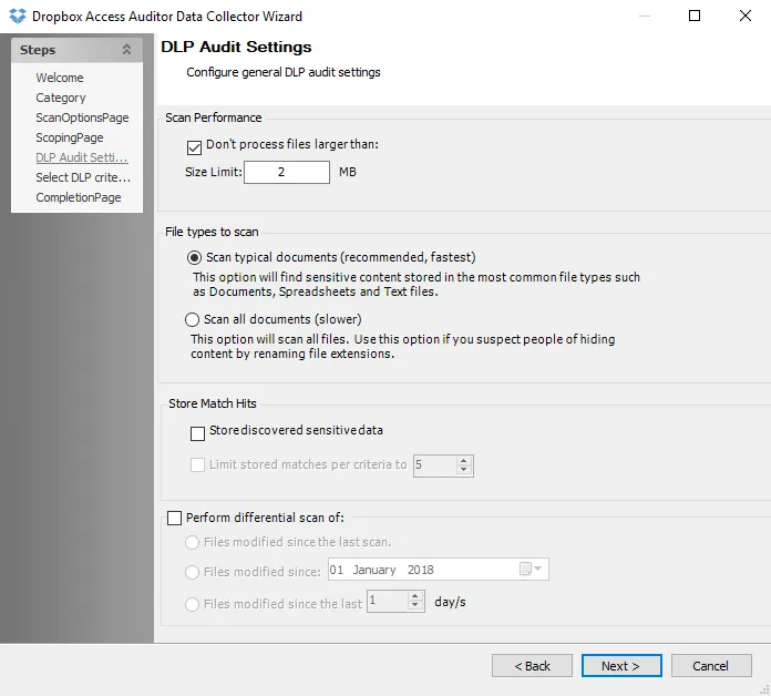 Dropbox Access Auditor Data Collector Wizard DLP Audit Settings page