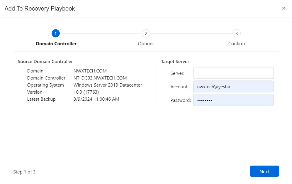 Add to Recovery Playbook wizard - Domain Controller page