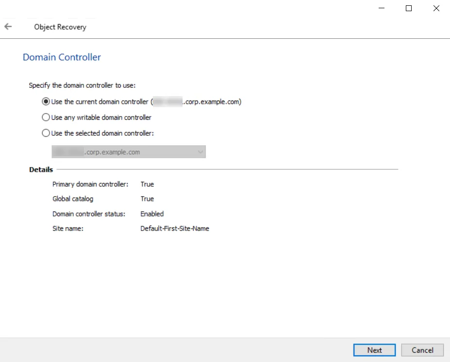 Object Recovery Wizard - Domain Controller page