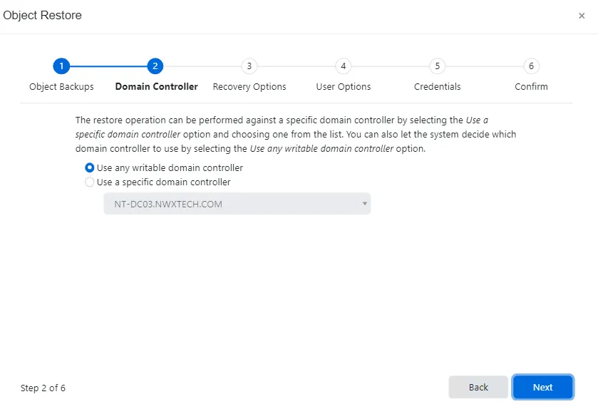 Object Restore wizard - Domain Controller page