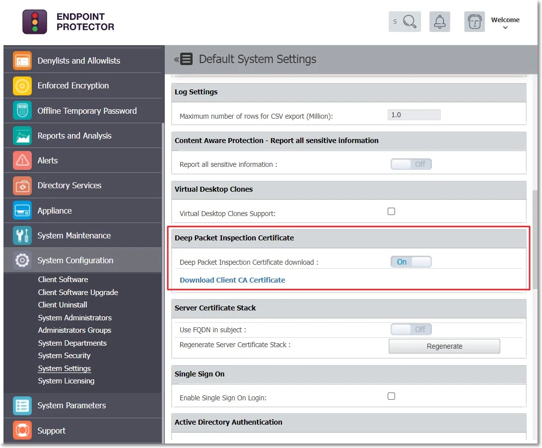 Enabling Deep Packet Inspection Certificate and then downloading Client CA Certificate