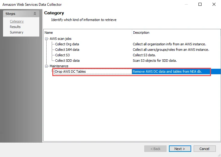 Drop AWS DC Tables option on Amazon Web Services Data Collector Wizard Category page