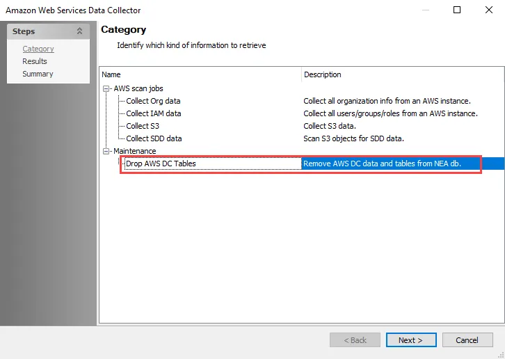 Drop AWS DC Tables option on Amazon Web Services Data Collector Wizard Category page