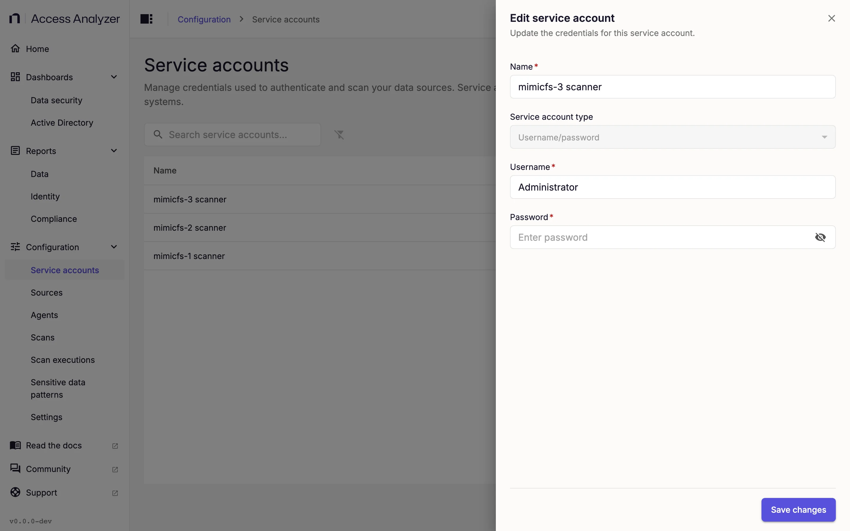 Edit service account dialog