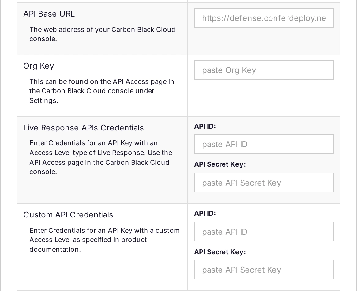 The Carbon Black Cloud provider form with the API Base URL, Org Key, Live Response APIs Credentials, and Custom API Credentials fields