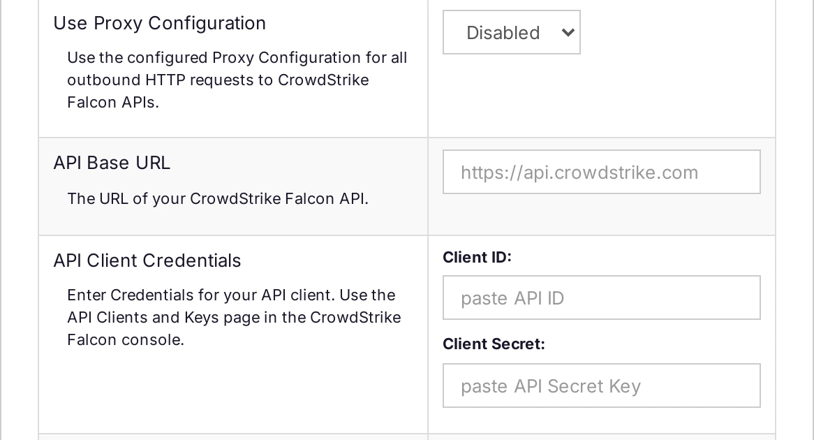 The CrowdStrike Falcon provider form with the Use Proxy Configuration, API Base URL, and API Client Credentials fields