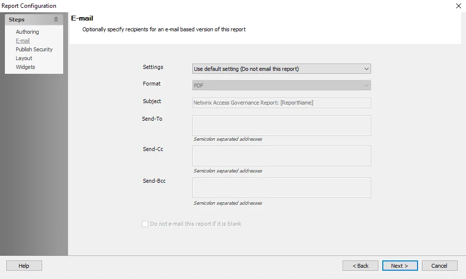 Report Configuration wizard E-mail page