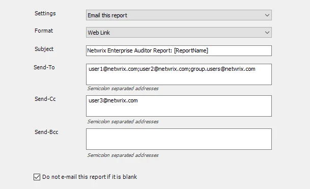 Settings configured to email the report