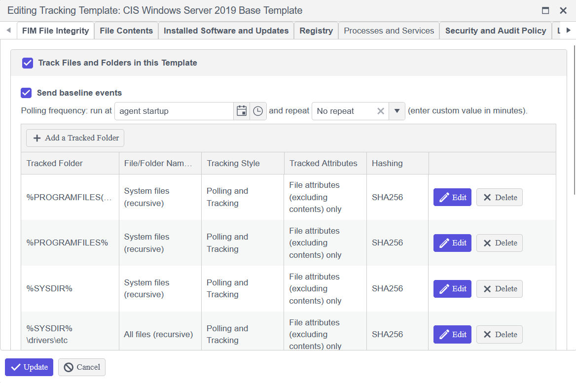 Send baseline events option enabled for a tracked folder