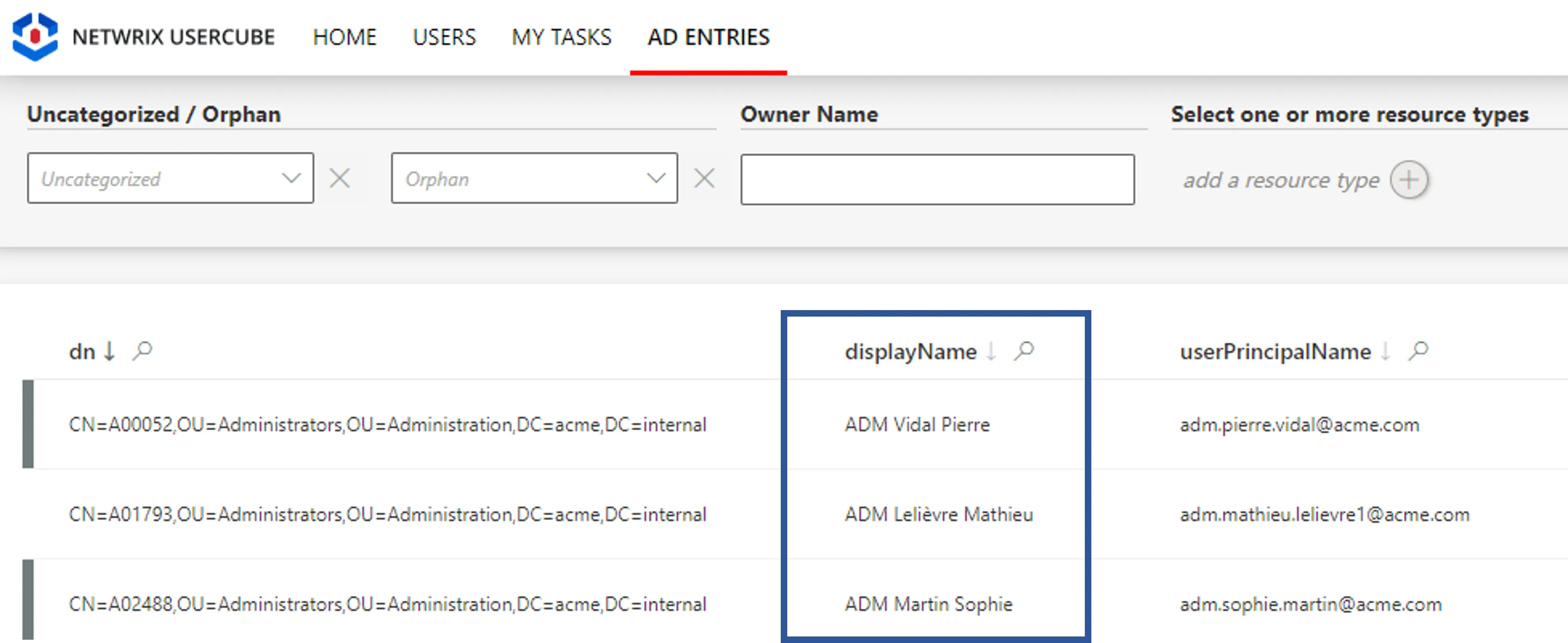 AD Entity Type - Display Name Result