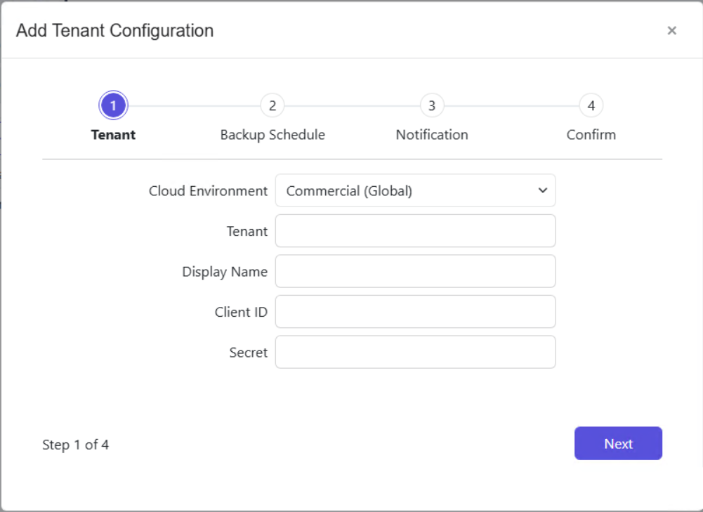 Add Tenant Configuration wizard - Entra Id page