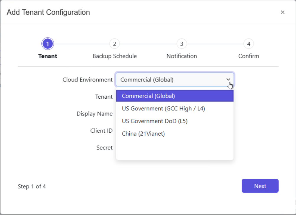 Add Tenant Configuration wizard - Cloud Environment dropdown