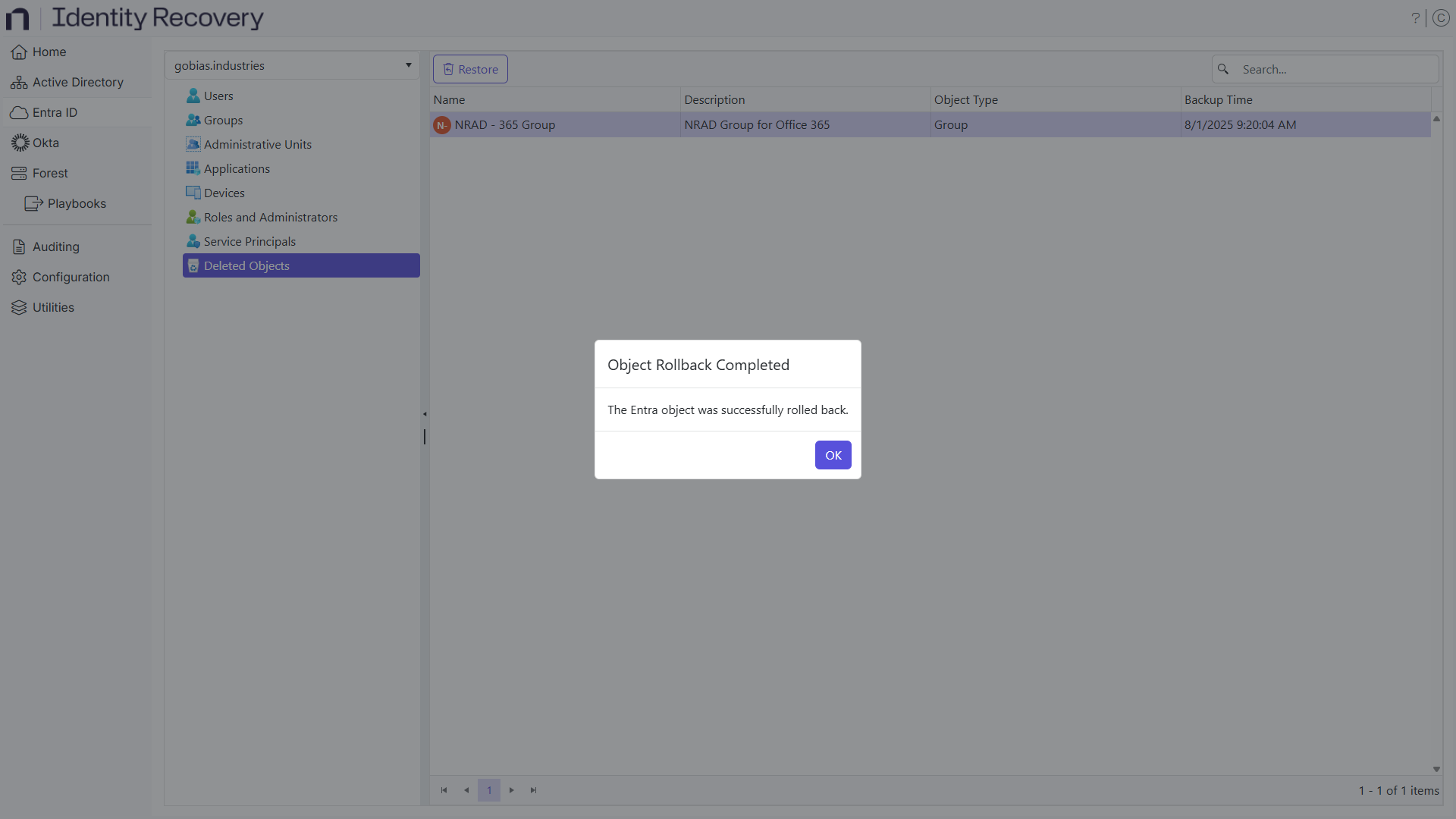 Object Restore Sucessful message