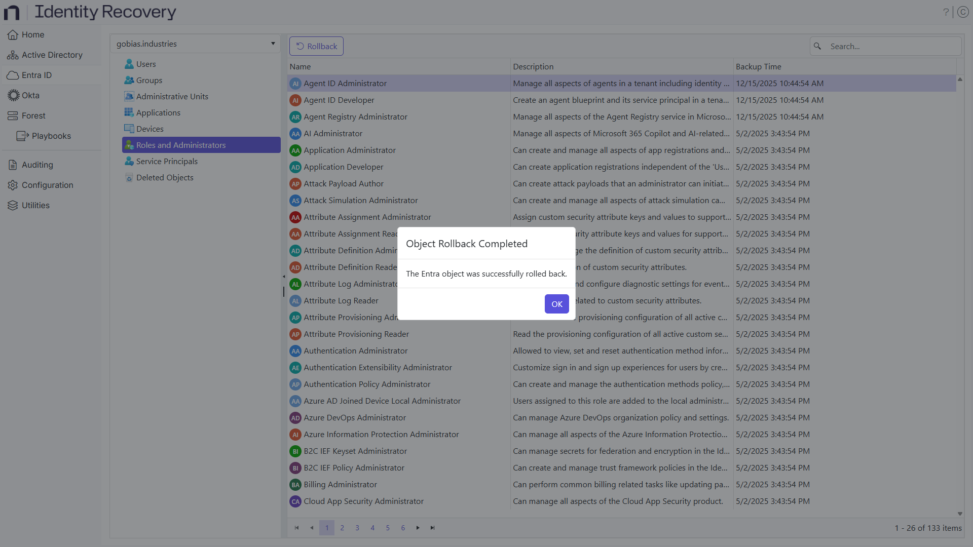 Object Rollback Sucessful message