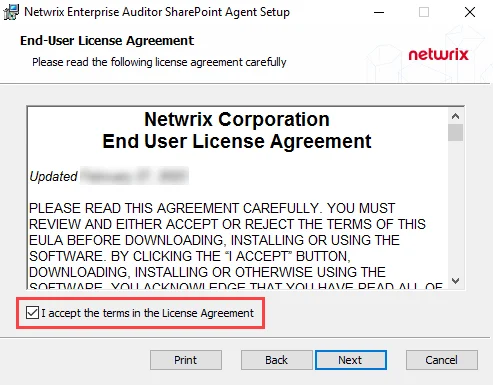 SharePoint Agent Setup Wizard End-User License Agreement page