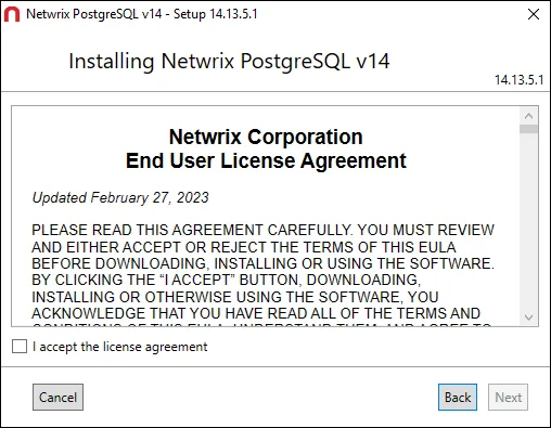 Netwrix PostgreSQL Setup wizard on the EULA page