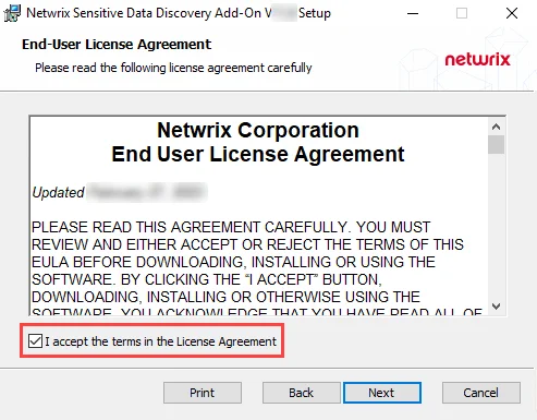 SDD Add-on Setup Wizard End-User License Agreement page