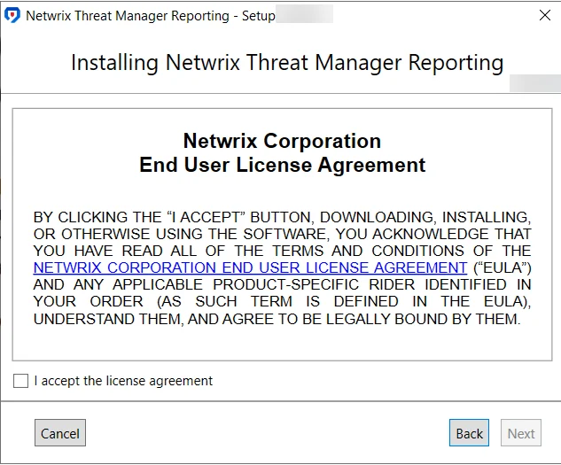 Netwrix PostgreSQL Setup wizard on the EULA page