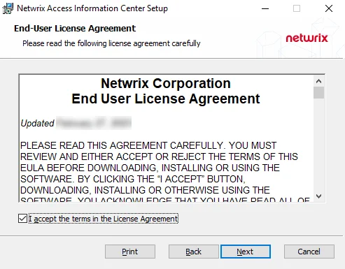 AIC Setup Wizard End-User License Agreement page
