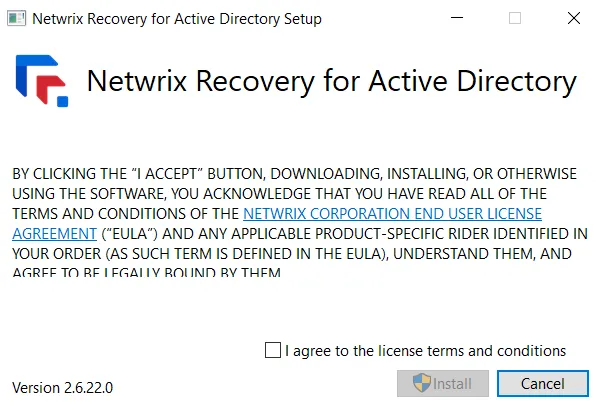 Recovery for Active Directory Setup wizard - Initial EULA page