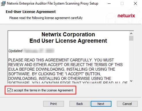 File System Proxy Setup Wizard End-User License Agreement page