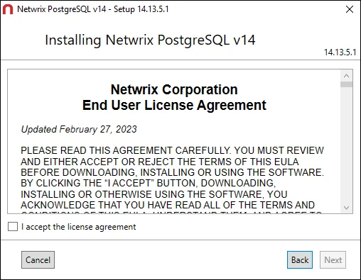 Netwrix PostgreSQL Setup wizard on the EULA page